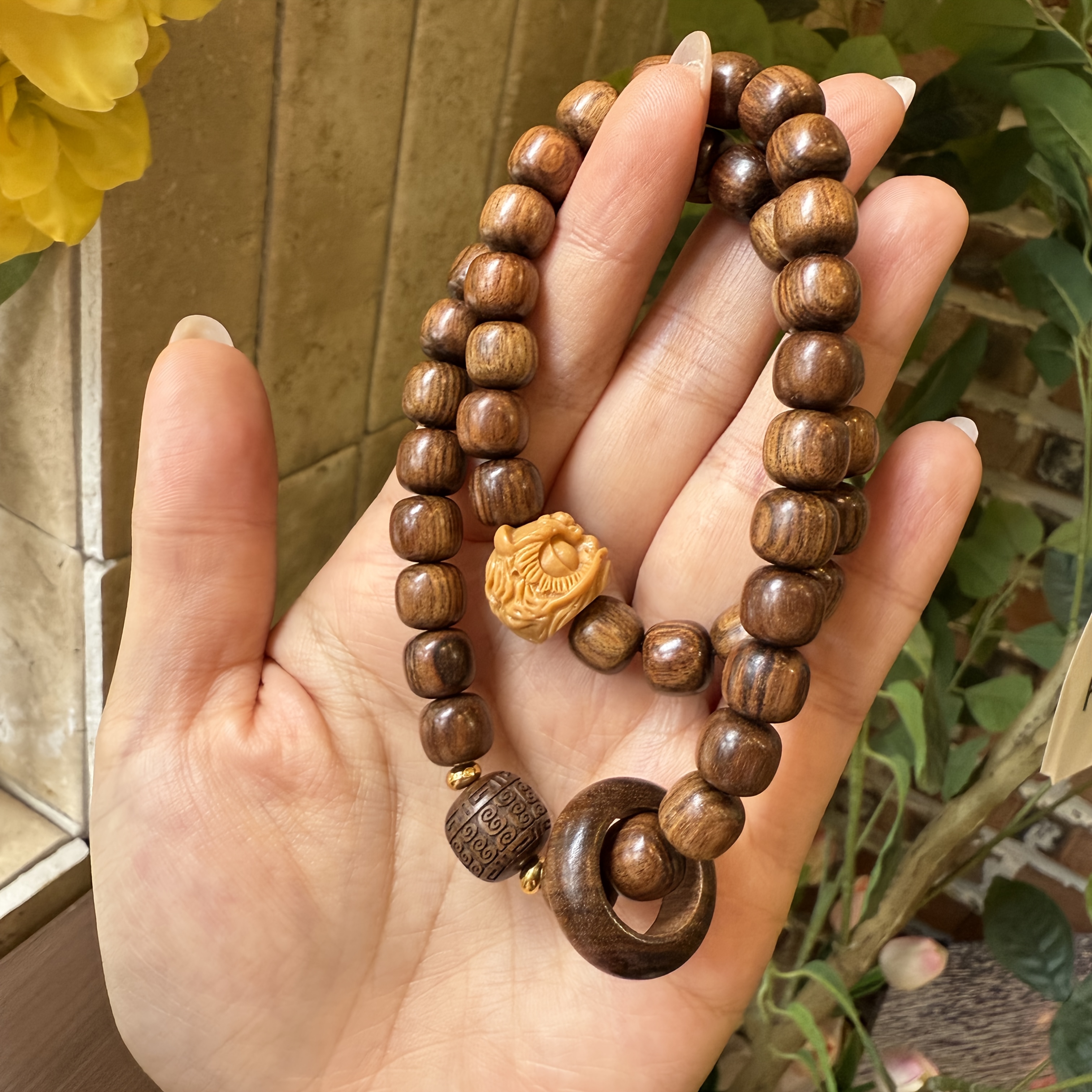 Natural Sandalwood Double Wrap Temple Bracelet with Guardian Lion Charm